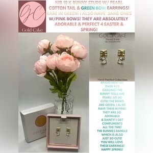 NIB 18K GOLD OVER 925 BUNNY EARRINGS! W/GREEN BOWS & PEARL BUNNY TAILS!
